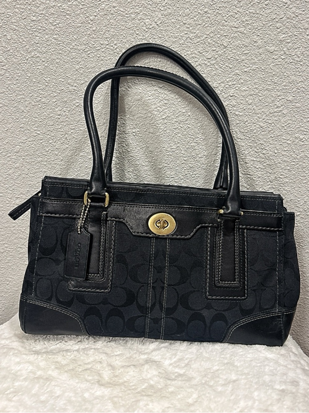 Coach Hampton 2007 Black Signature Monogram Bag with Gold Turn lock & Tag